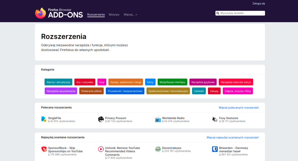 Sklep Firefox Add-ons zawiera liczne i przydatne dodatki do tej przeglądarki