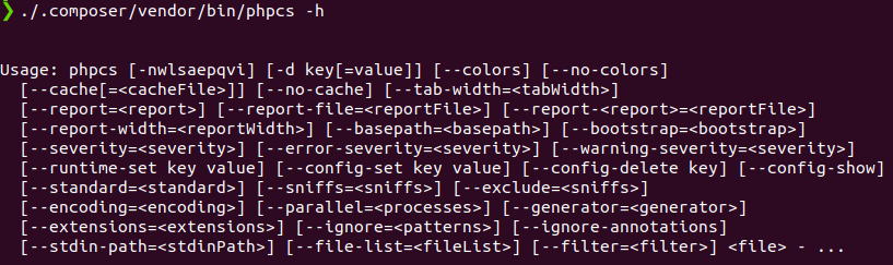 Możliwe parametry dla skryptu phpcs w narzędziu Composer