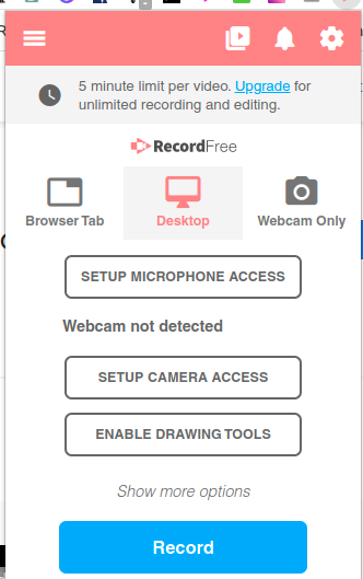 Używając wtyczki Screencastify można nagrać akcje w zakładce, na całym ekranie lub w kamerze